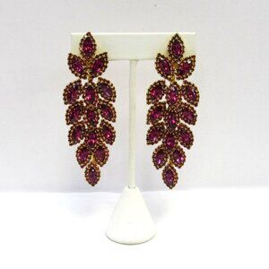 Fuchsia Pink Rhinestone Crystal Clip-On Dangle Cluster Earrings Evening Formal